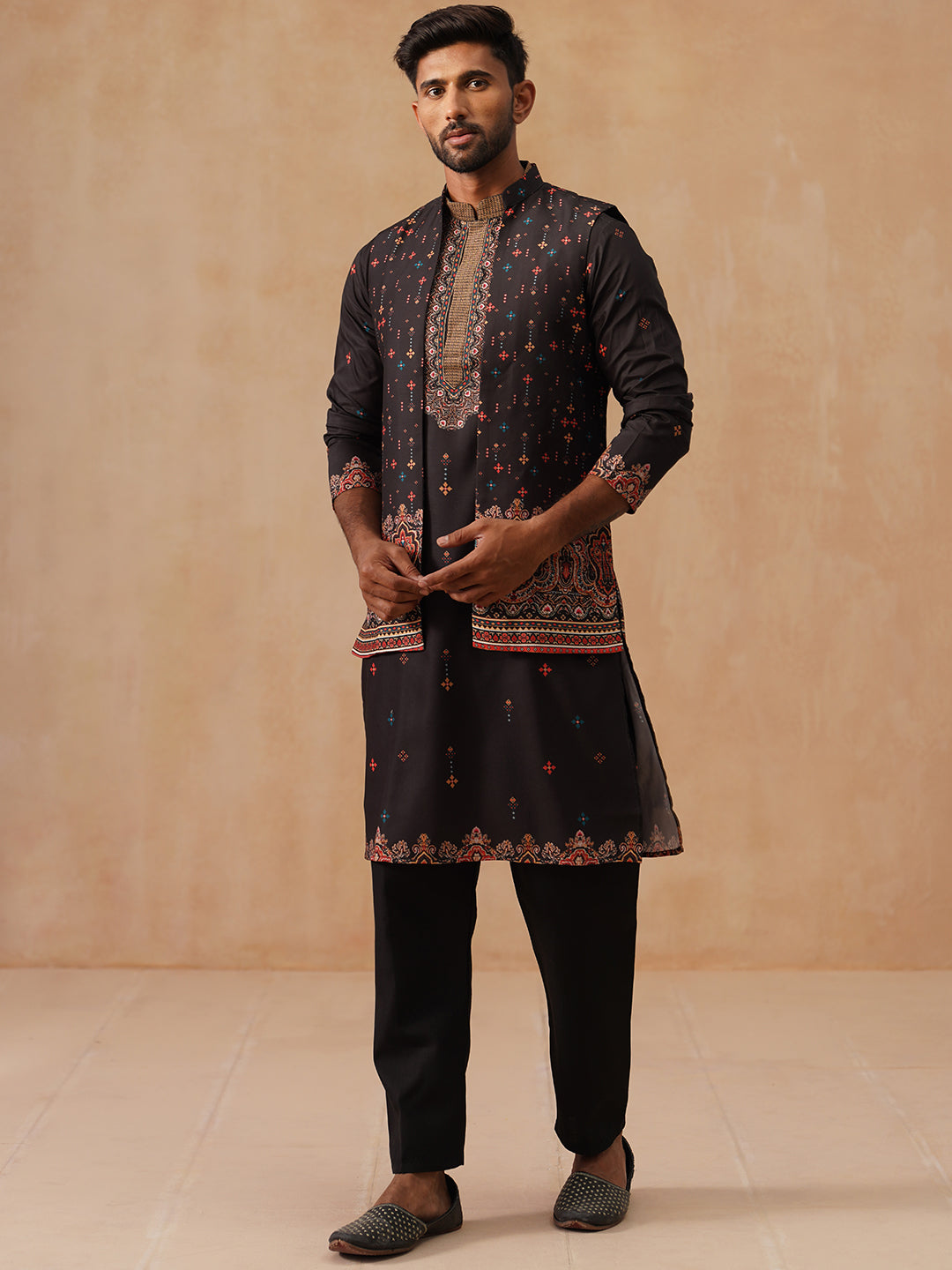 Printed Silk Blend Kurta With Matching Printed Waistcoat Set