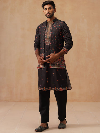 Printed Silk Blend Kurta With Matching Printed Waistcoat Set