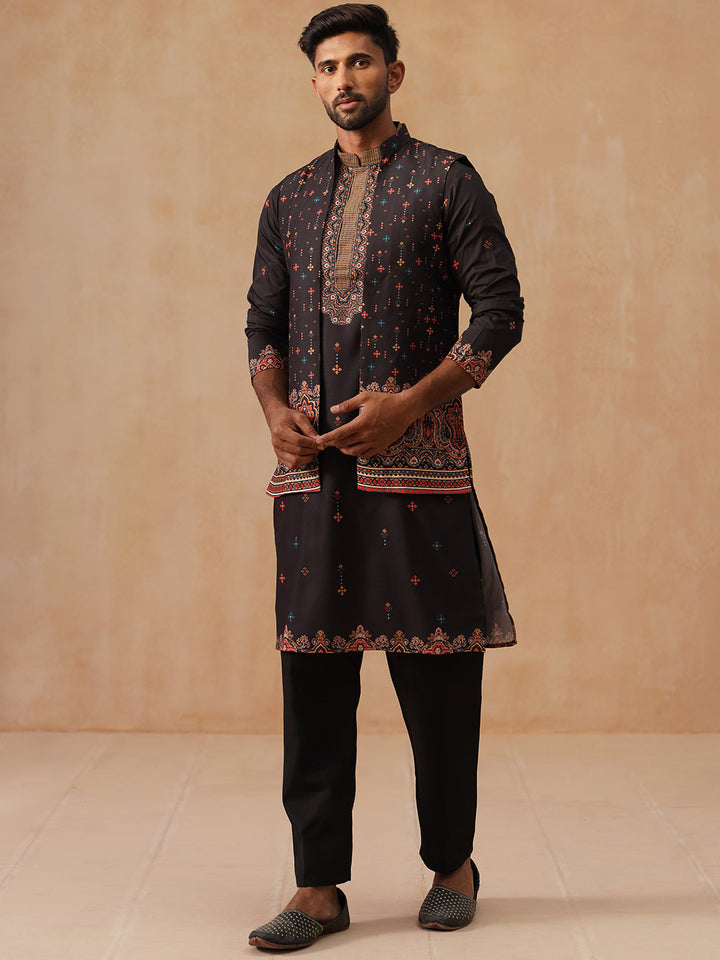 Printed Silk Blend Kurta With Matching Printed Waistcoat Set