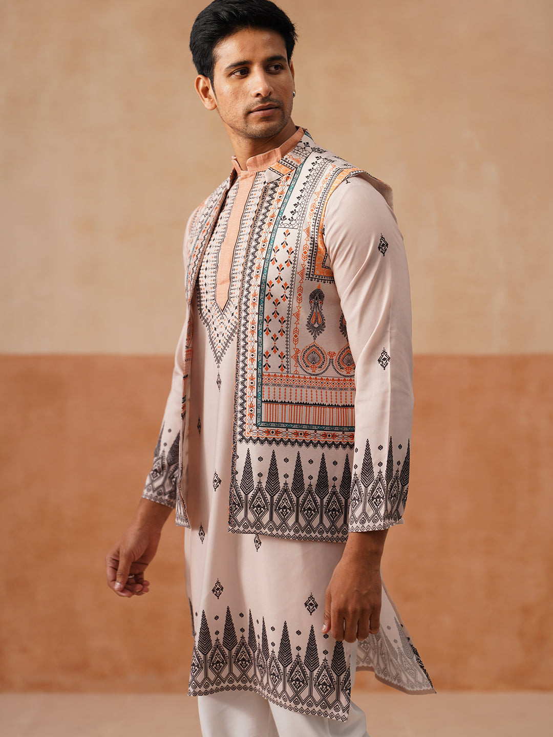 Printed Silk Blend Kurta With Matching Printed Waistcoat Set