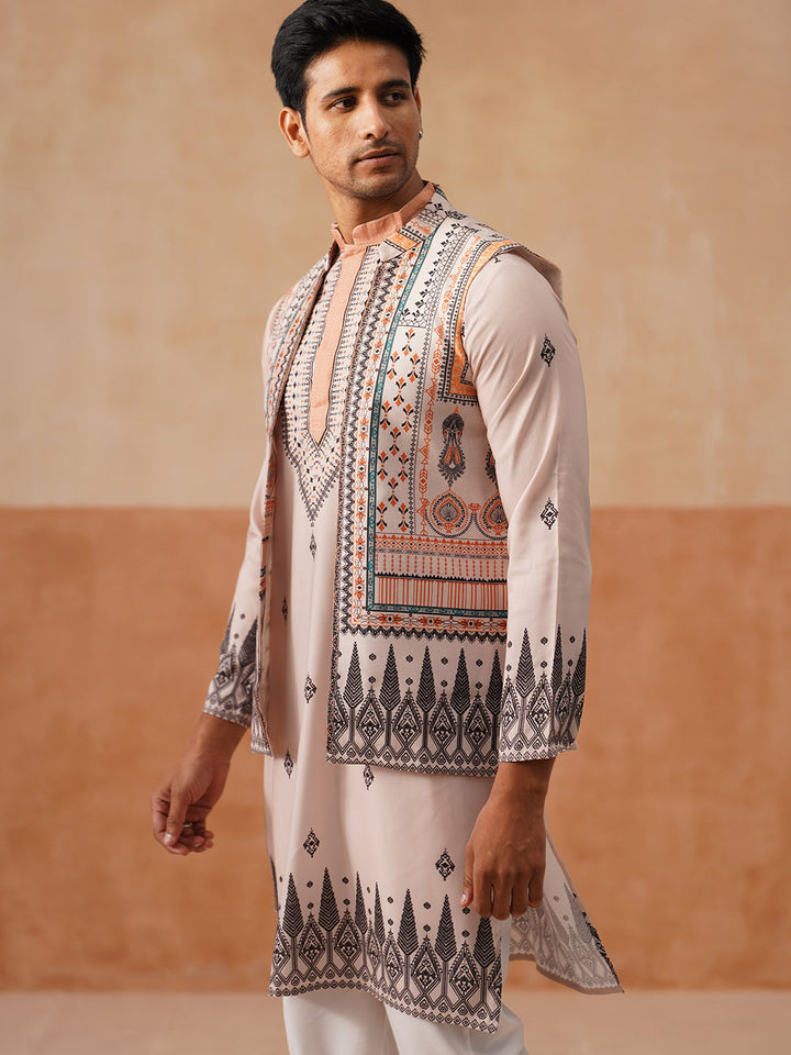Printed Silk Blend Kurta With Matching Printed Waistcoat Set