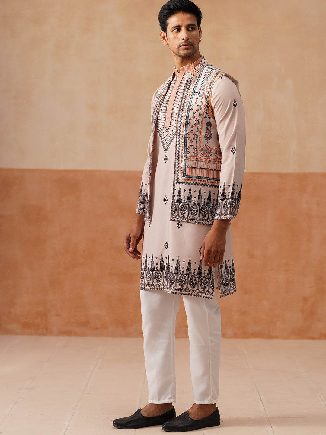 Printed Silk Blend Kurta With Matching Printed Waistcoat Set