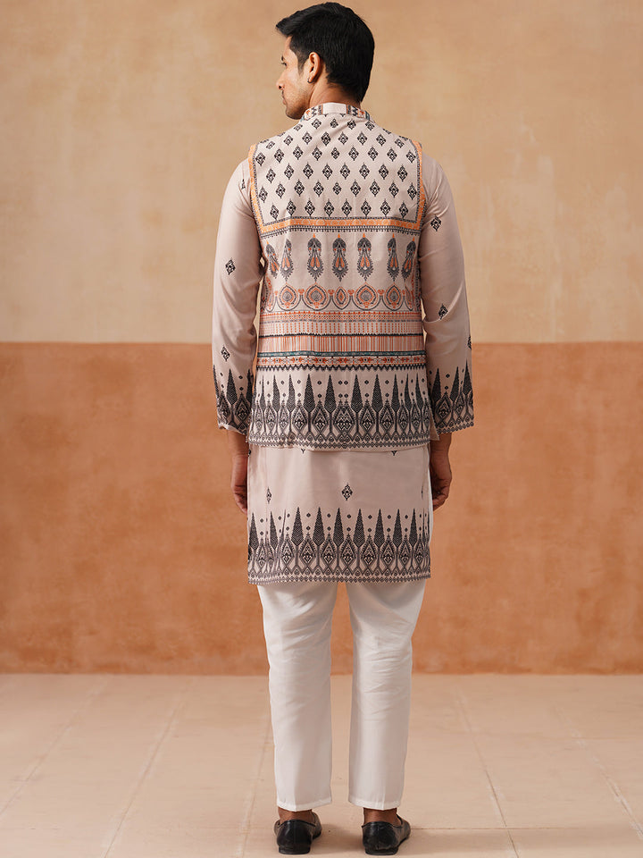 Printed Silk Blend Kurta With Matching Printed Waistcoat Set