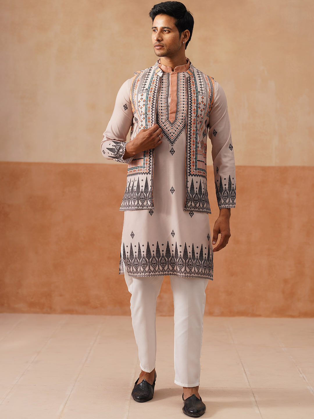 Printed Silk Blend Kurta With Matching Printed Waistcoat Set