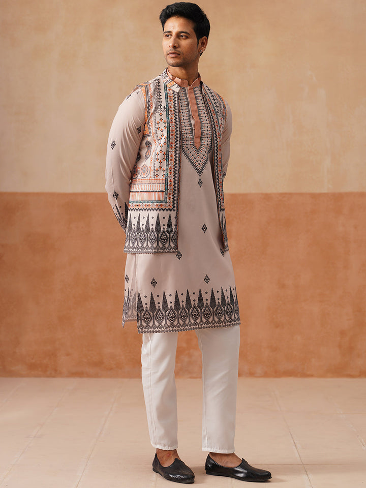 Printed Silk Blend Kurta With Matching Printed Waistcoat Set