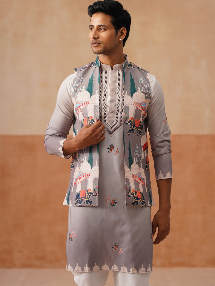 Printed Silk Blend Kurta With Matching Printed Waistcoat Set