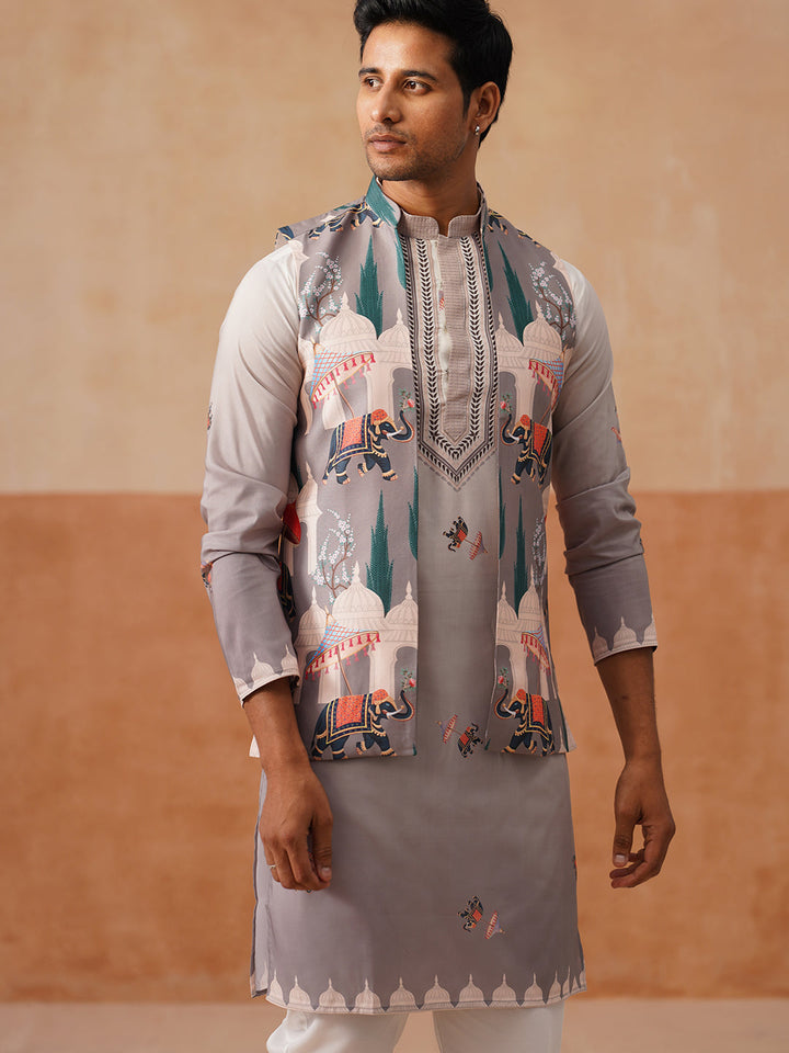 Printed Silk Blend Kurta With Matching Printed Waistcoat Set