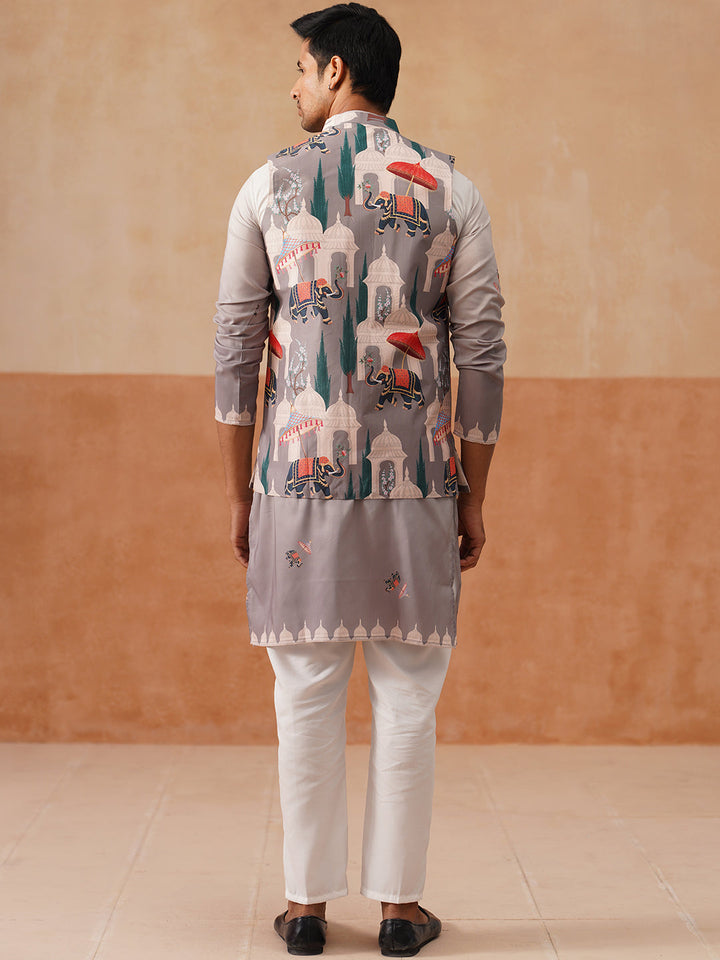 Printed Silk Blend Kurta With Matching Printed Waistcoat Set