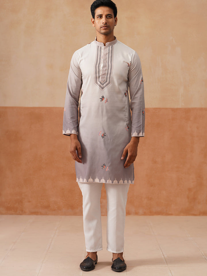 Printed Silk Blend Kurta With Matching Printed Waistcoat Set