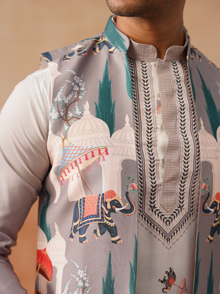 Printed Silk Blend Kurta With Matching Printed Waistcoat Set