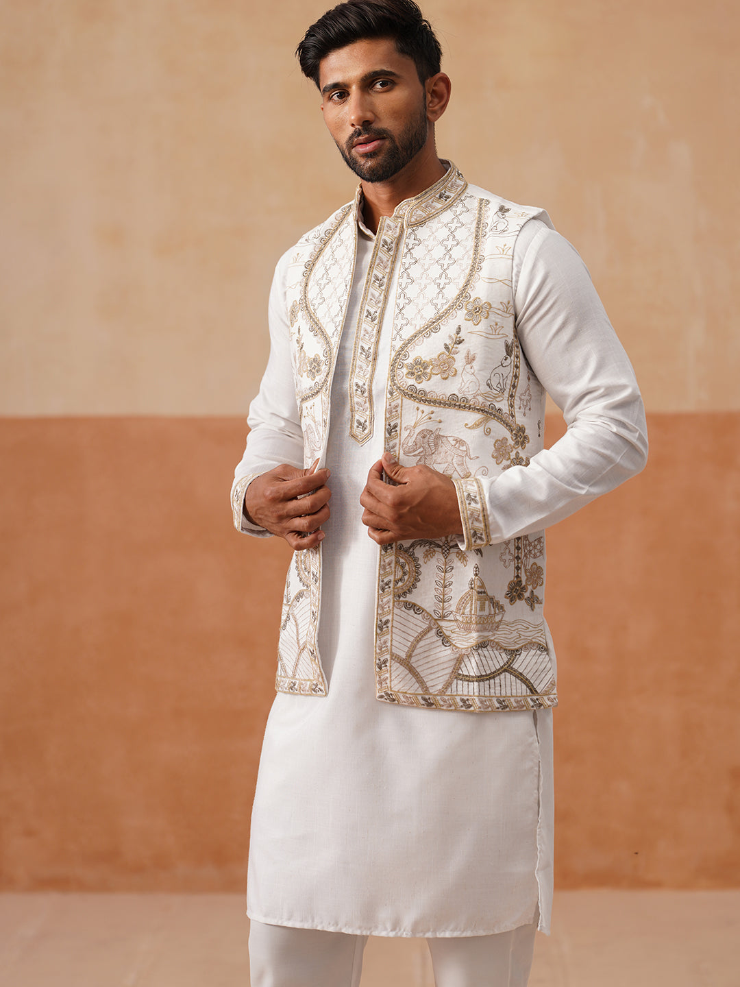 Embroidered Waistcoat And Kurta Pyjama For Men