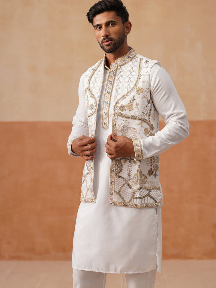 Embroidered Waistcoat And Kurta Pyjama For Men