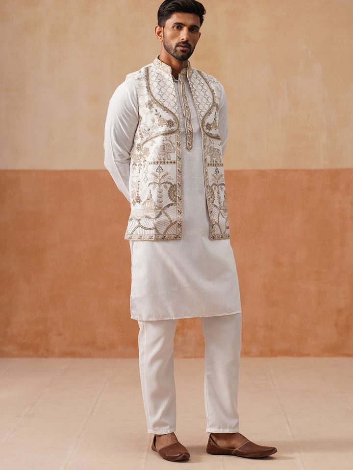 Embroidered Waistcoat And Kurta Pyjama For Men