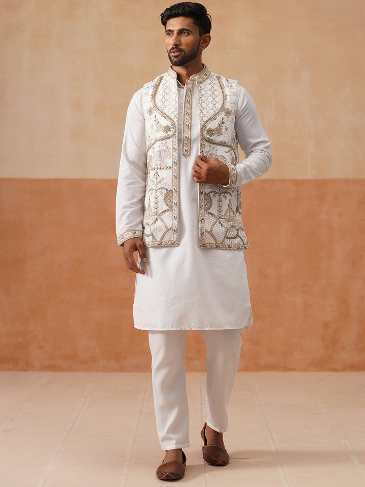 Embroidered Waistcoat And Kurta Pyjama For Men