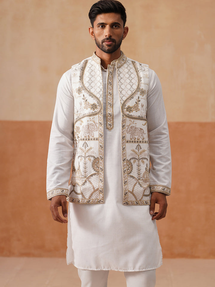 Embroidered Waistcoat And Kurta Pyjama For Men