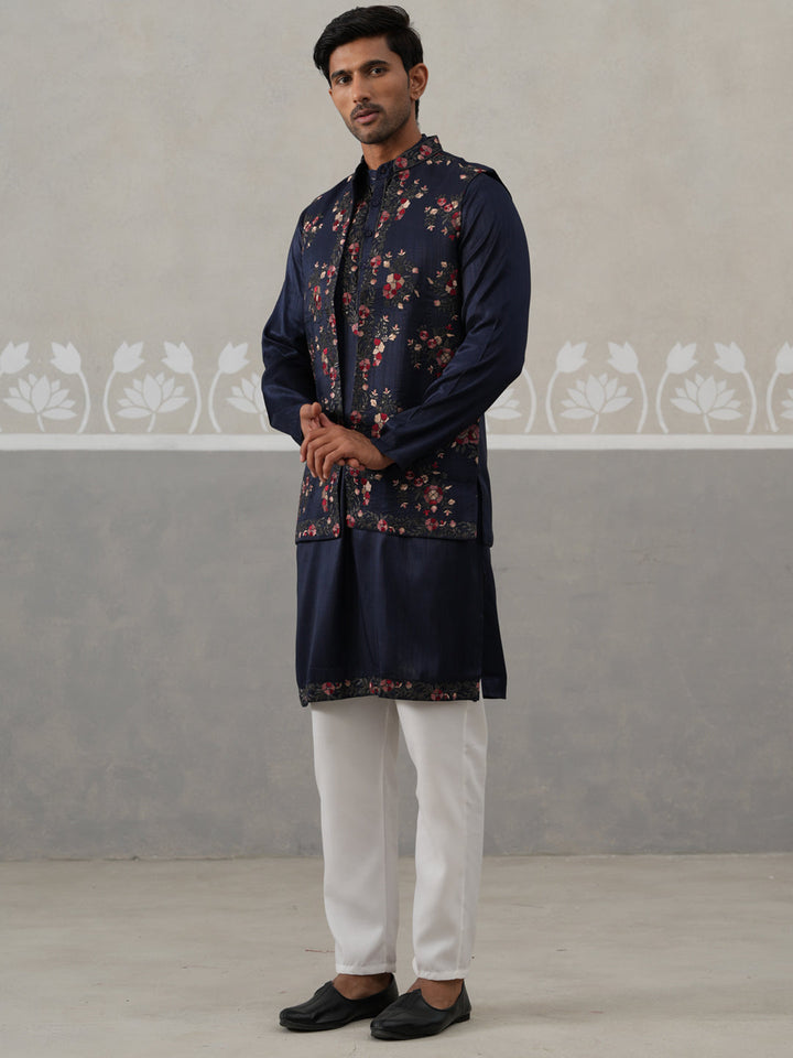 Floral Embroidered Nehru Jacket And Silk Blend Kurta Set