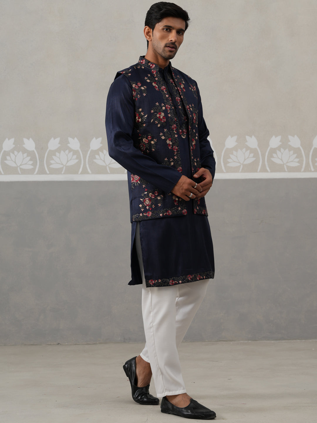 Floral Embroidered Nehru Jacket And Silk Blend Kurta Set