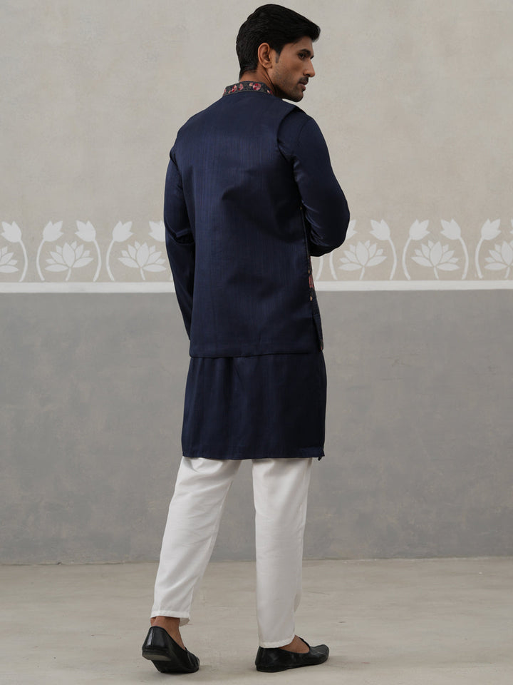 Floral Embroidered Nehru Jacket And Silk Blend Kurta Set
