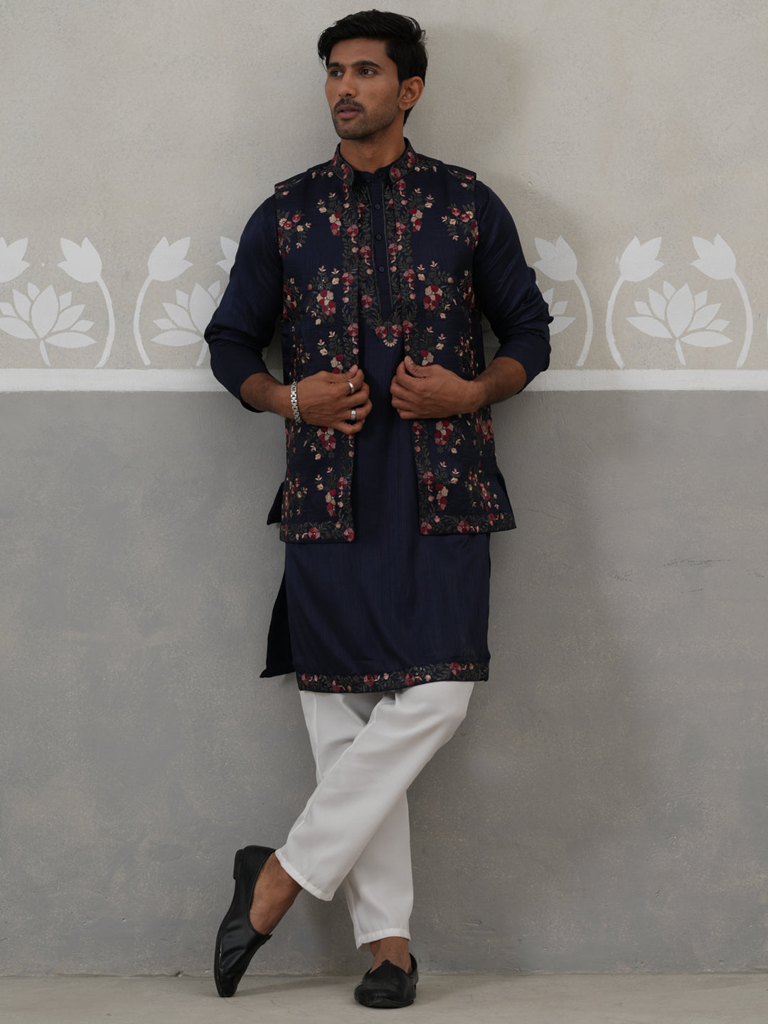 Floral Embroidered Nehru Jacket And Silk Blend Kurta Set