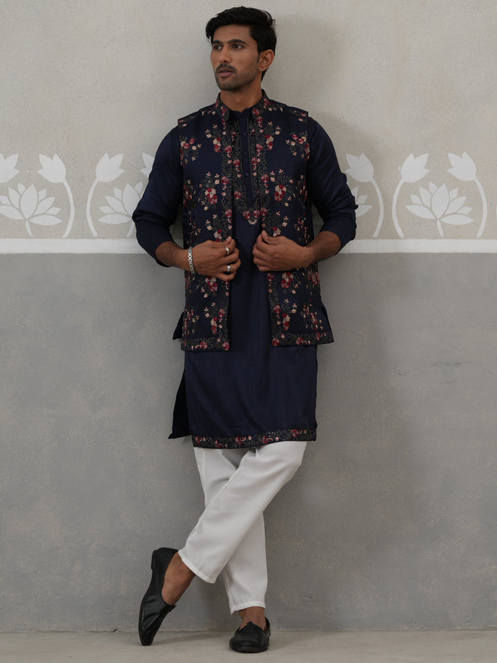 Floral Embroidered Nehru Jacket And Silk Blend Kurta Set