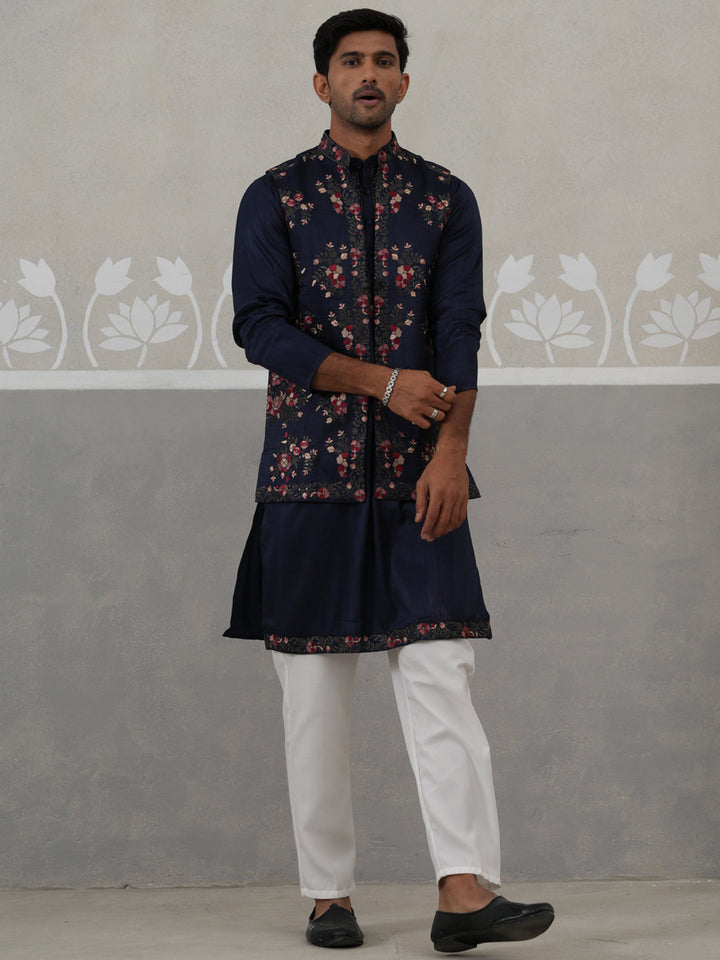 Floral Embroidered Nehru Jacket And Silk Blend Kurta Set