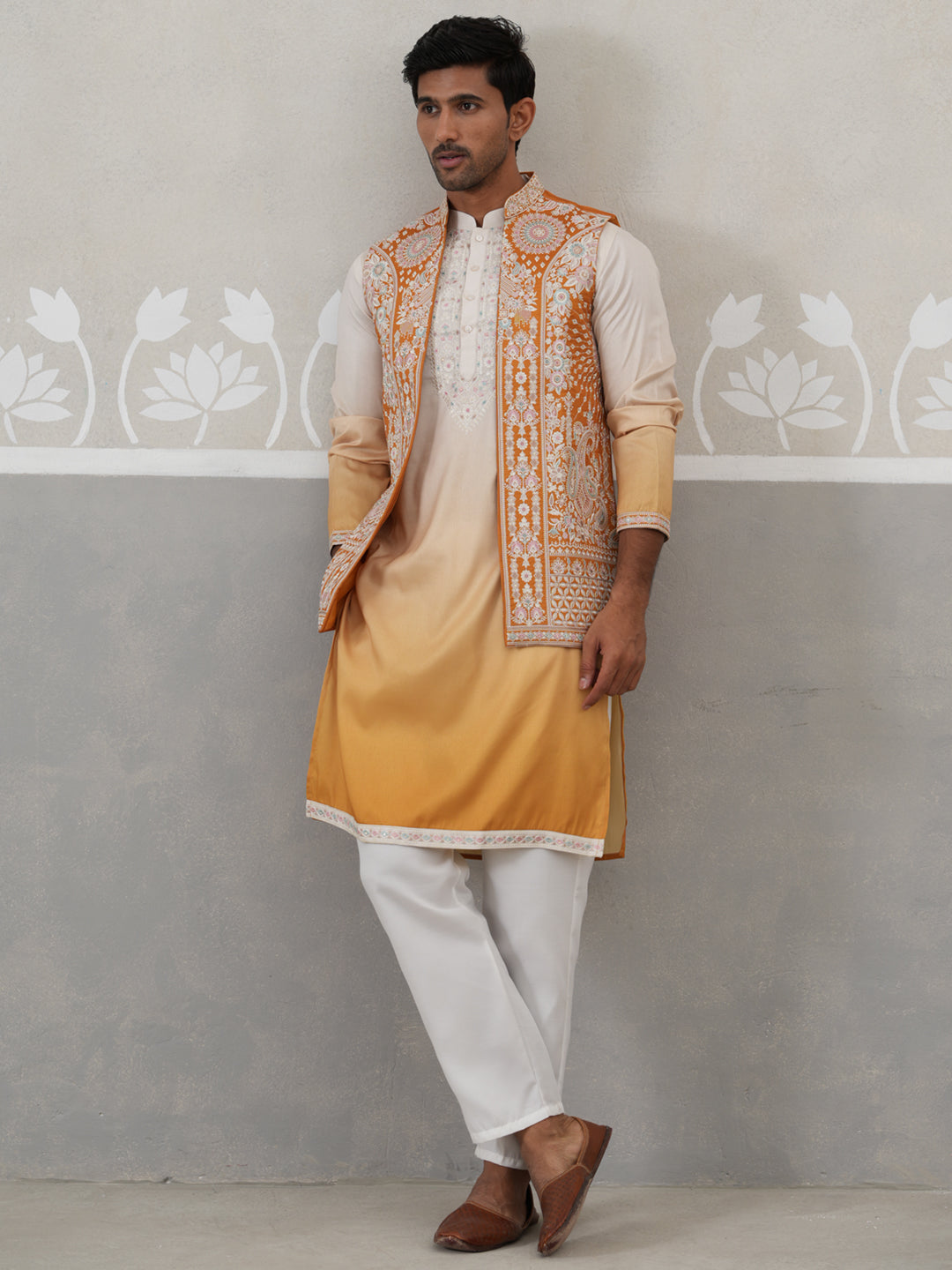 Embroidered Mustard Nehru Jacket With Kurta Pyjama Set