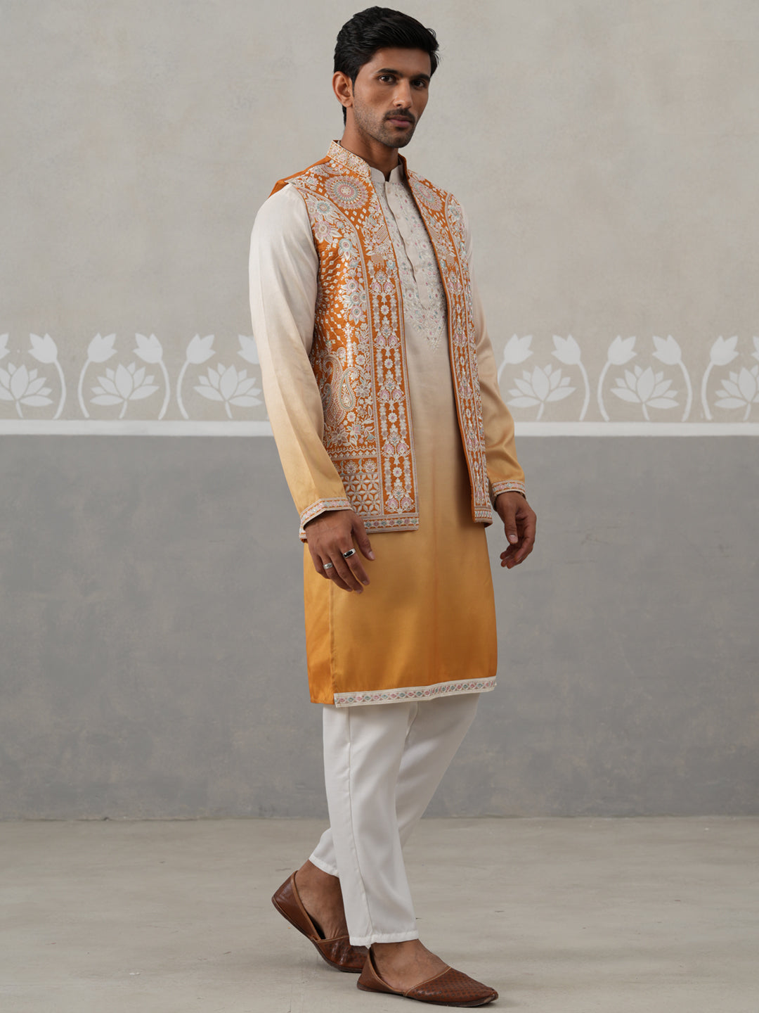 Embroidered Mustard Nehru Jacket With Kurta Pyjama Set