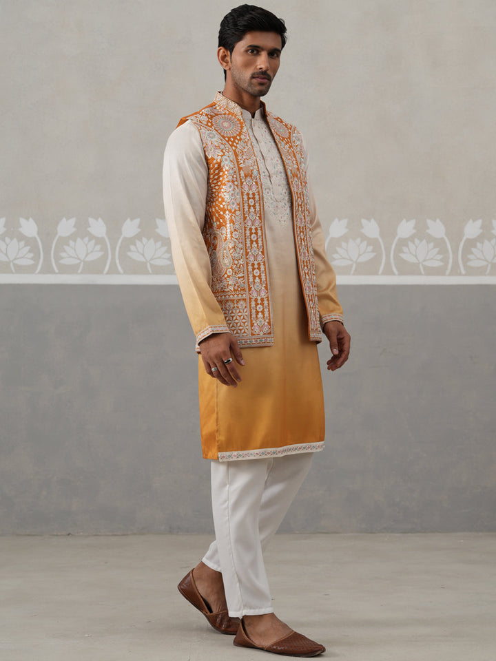 Embroidered Mustard Nehru Jacket With Kurta Pyjama Set