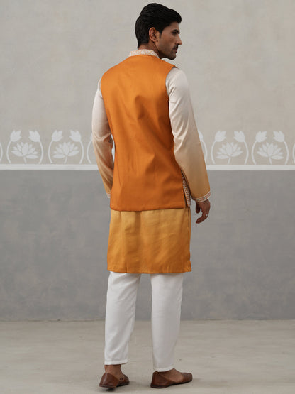Embroidered Mustard Nehru Jacket With Kurta Pyjama Set