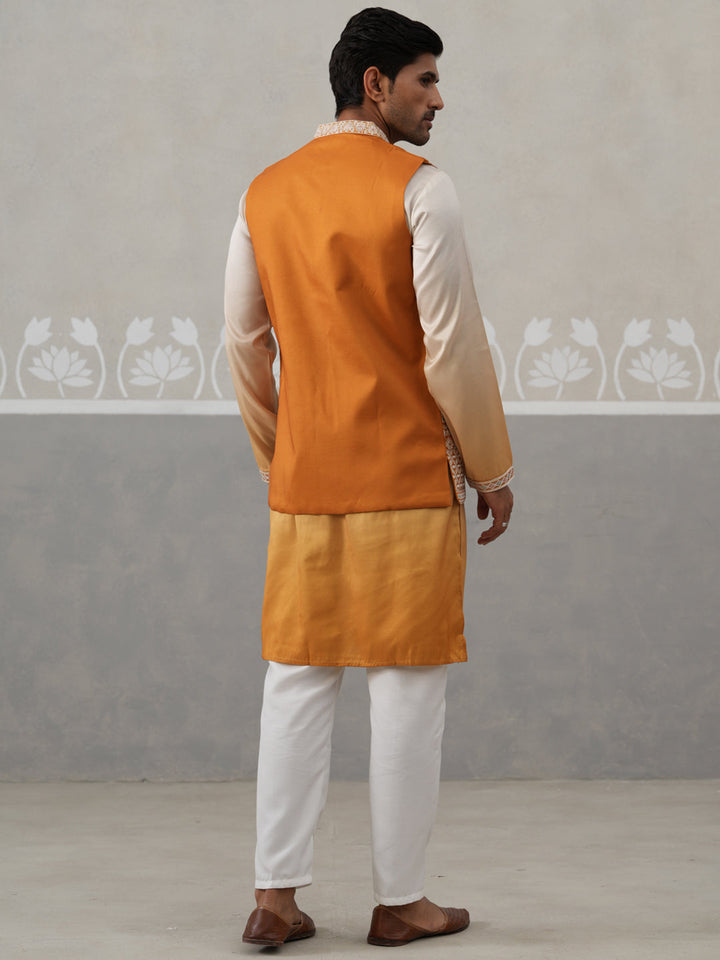 Embroidered Mustard Nehru Jacket With Kurta Pyjama Set