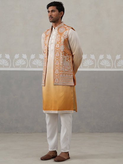 Embroidered Mustard Nehru Jacket With Kurta Pyjama Set