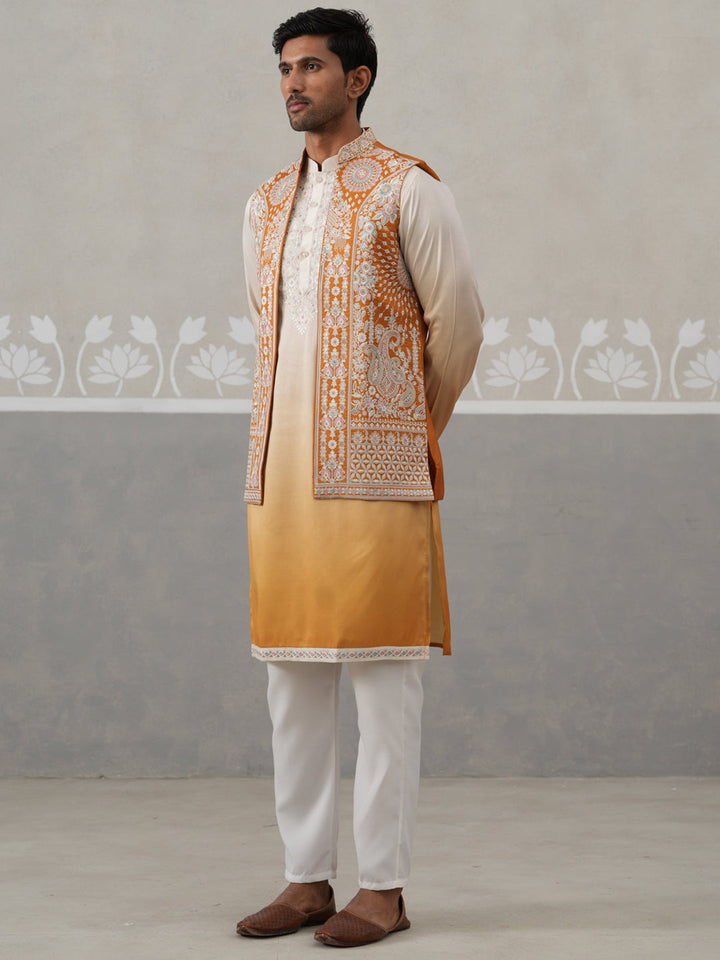 Embroidered Mustard Nehru Jacket With Kurta Pyjama Set