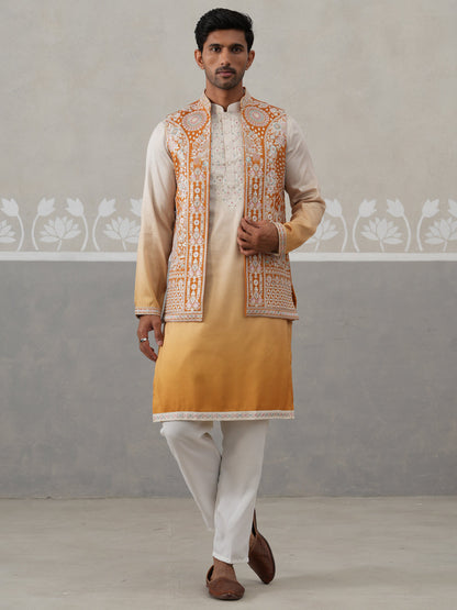 Embroidered Mustard Nehru Jacket With Kurta Pyjama Set