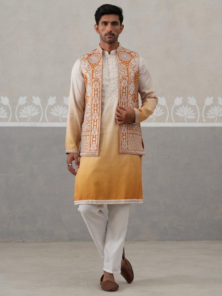 Embroidered Mustard Nehru Jacket With Kurta Pyjama Set
