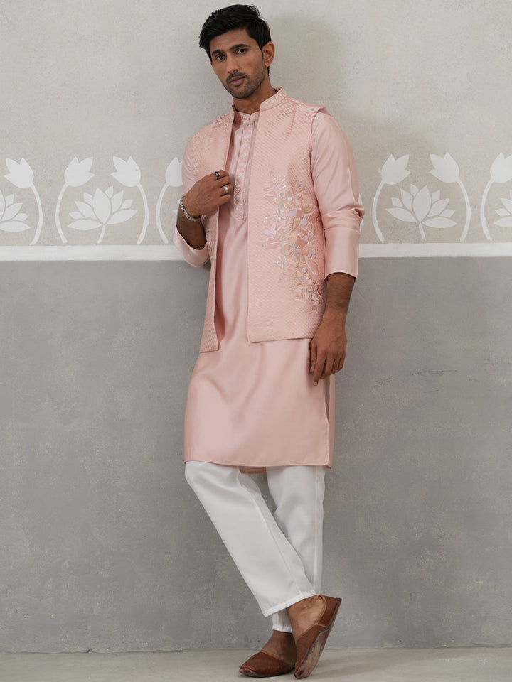 Embroidered Peach Nehru Jacket With Kurta Pyjama Set