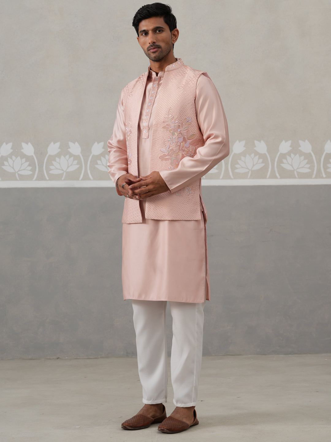 Embroidered Peach Nehru Jacket With Kurta Pyjama Set