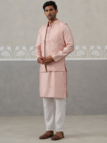 Embroidered Peach Nehru Jacket With Kurta Pyjama Set