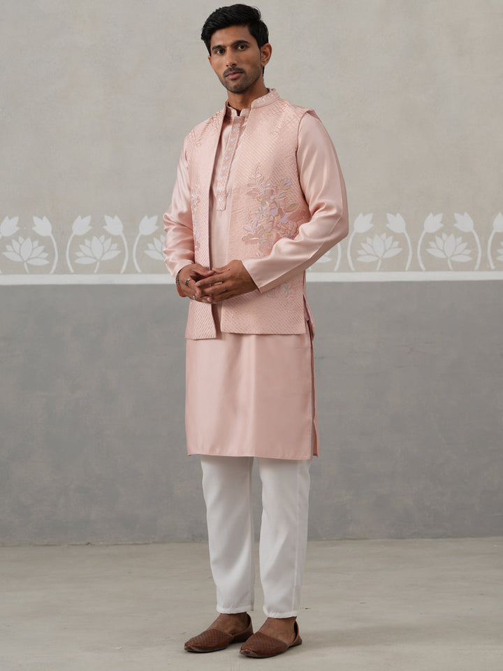 Embroidered Peach Nehru Jacket With Kurta Pyjama Set
