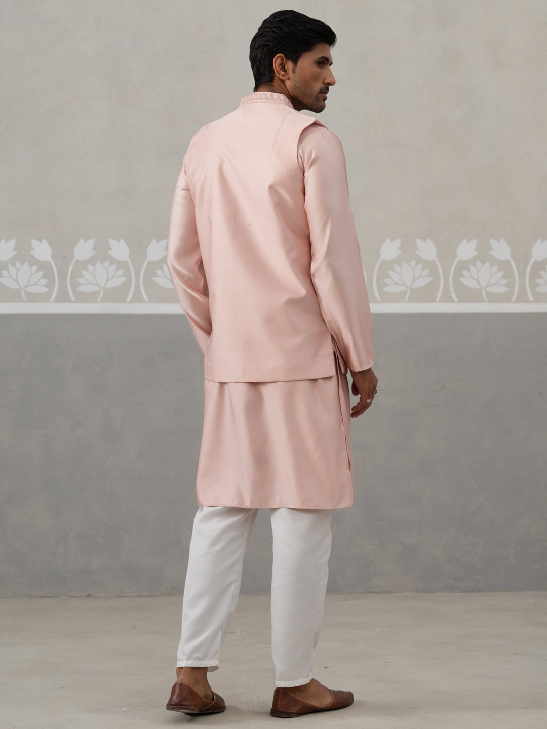 Embroidered Peach Nehru Jacket With Kurta Pyjama Set