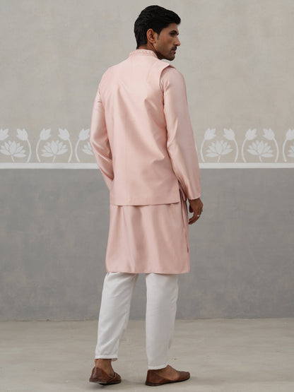 Embroidered Peach Nehru Jacket With Kurta Pyjama Set