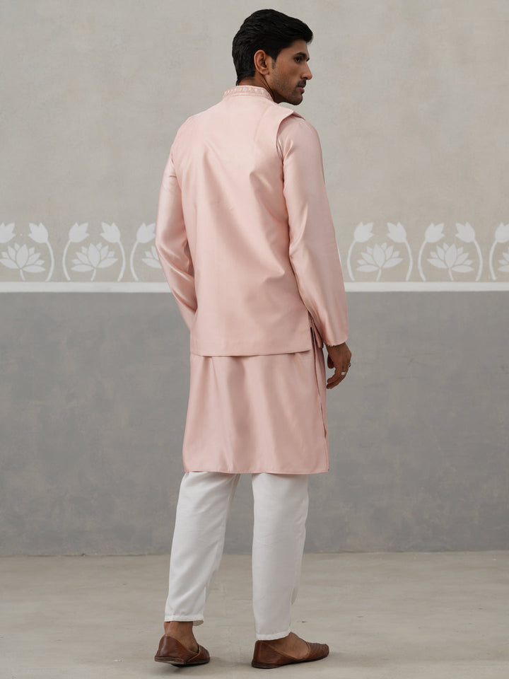 Embroidered Peach Nehru Jacket With Kurta Pyjama Set