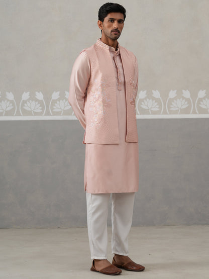 Embroidered Peach Nehru Jacket With Kurta Pyjama Set