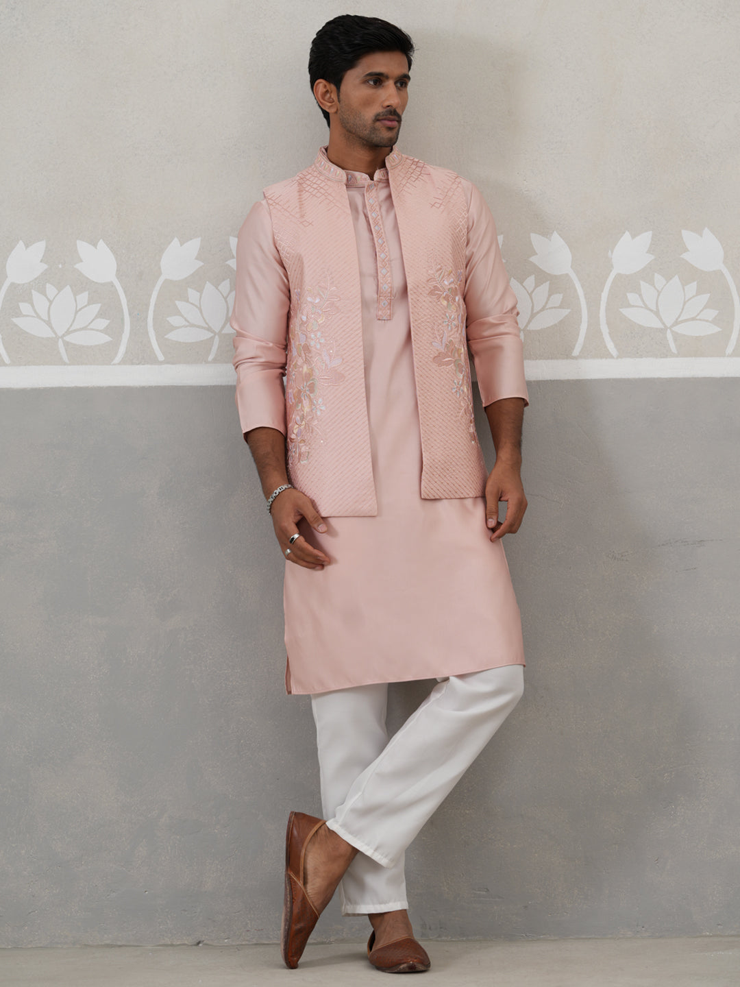 Embroidered Peach Nehru Jacket With Kurta Pyjama Set