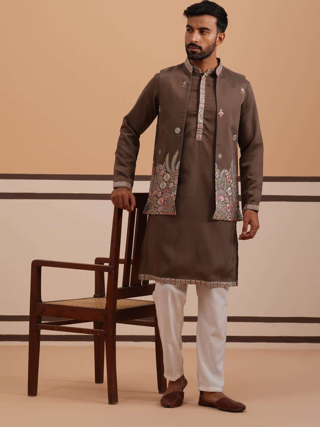 Embroidered Nehru Jacket With Kurta Pyjama Set