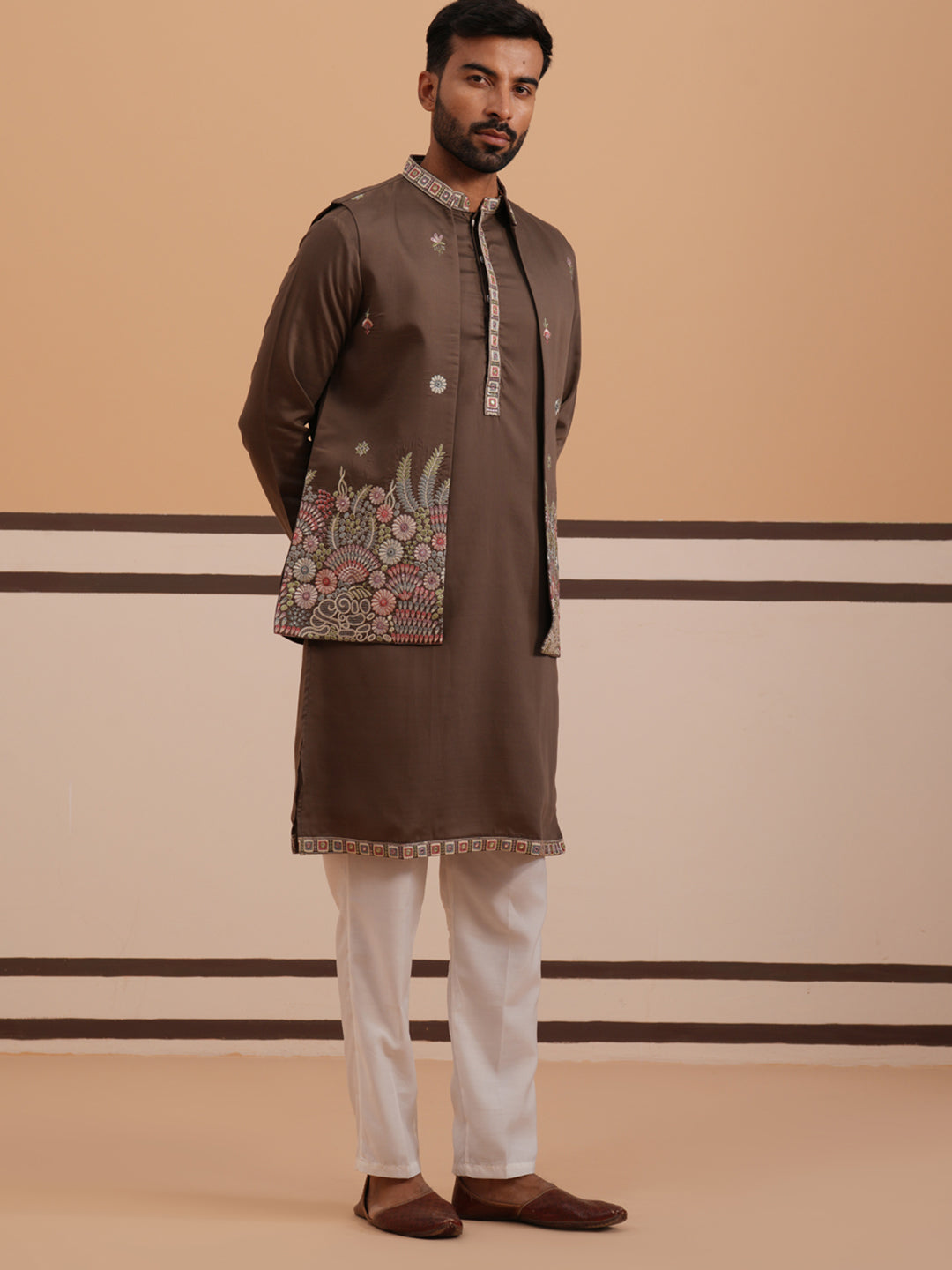 Embroidered Nehru Jacket With Kurta Pyjama Set