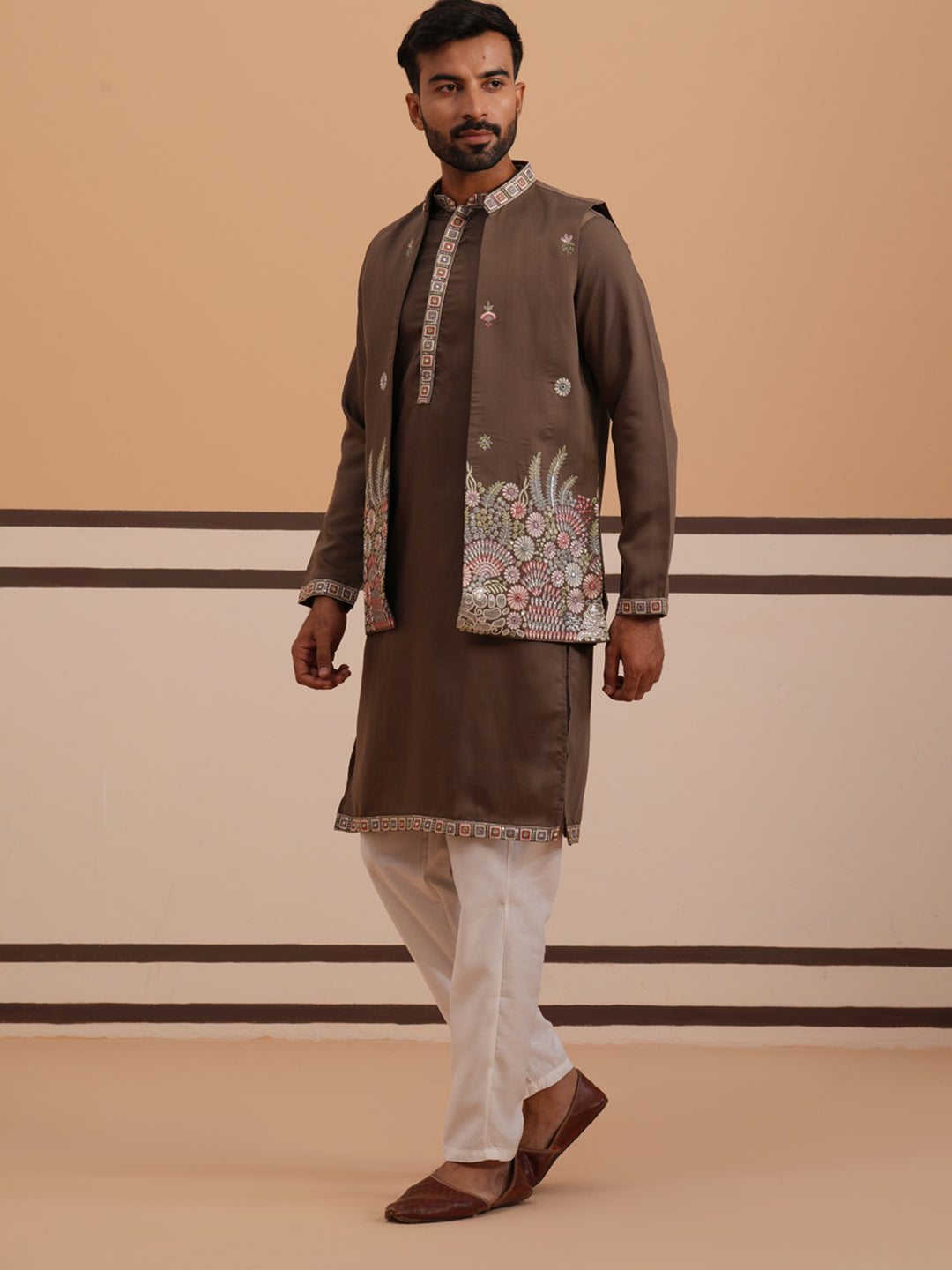 Embroidered Nehru Jacket With Kurta Pyjama Set