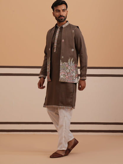Embroidered Nehru Jacket With Kurta Pyjama Set