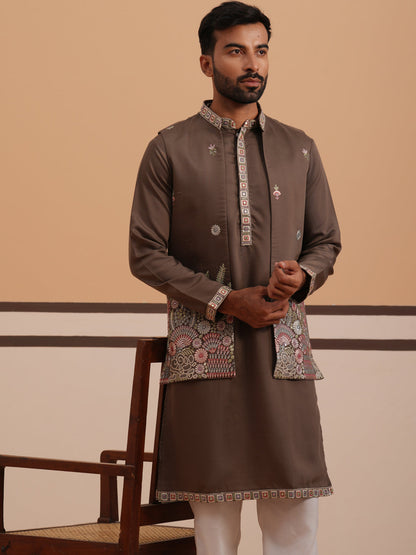 Embroidered Nehru Jacket With Kurta Pyjama Set