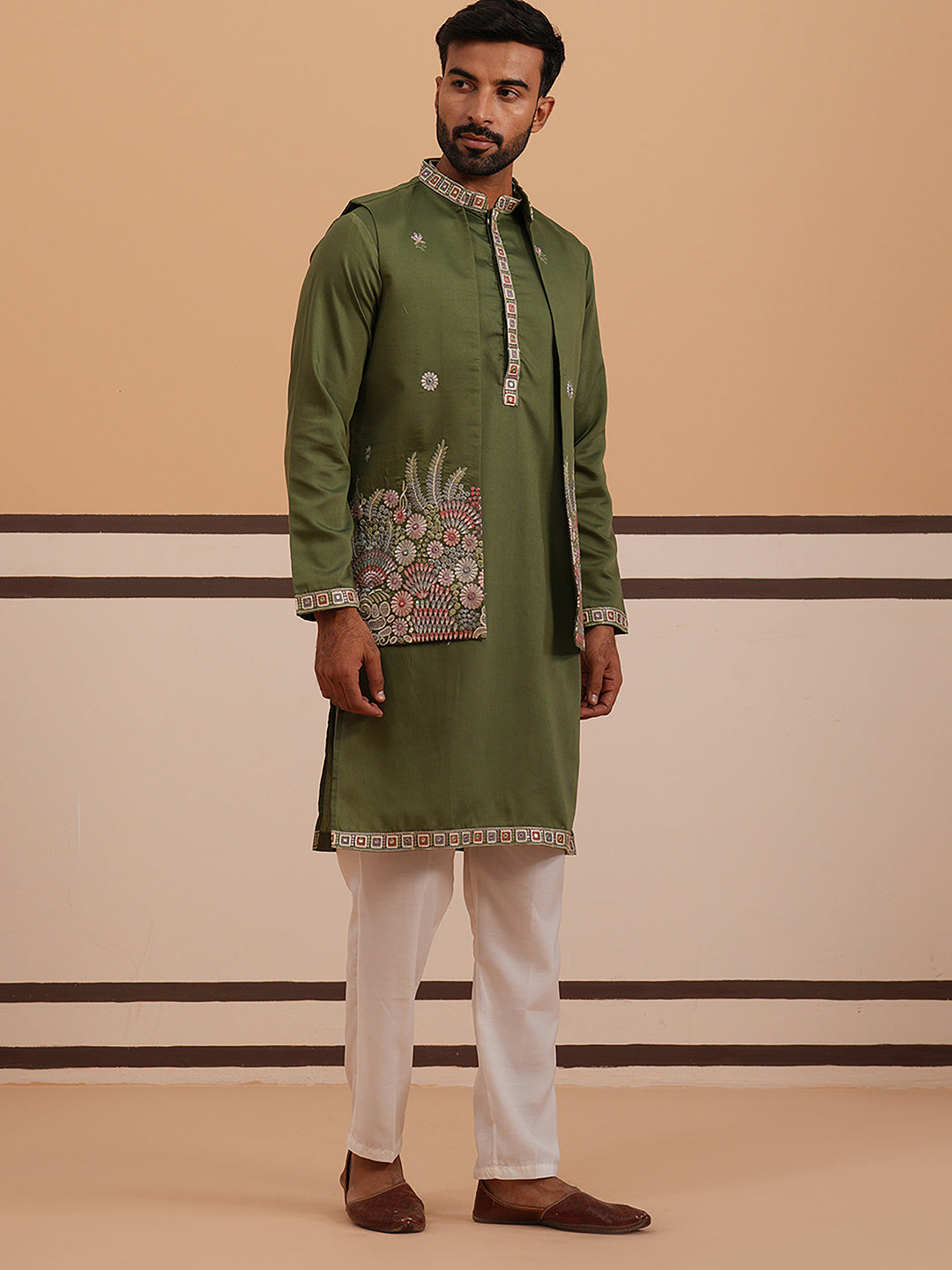 Embroidered Nehru Jacket With Kurta Pyjama Set