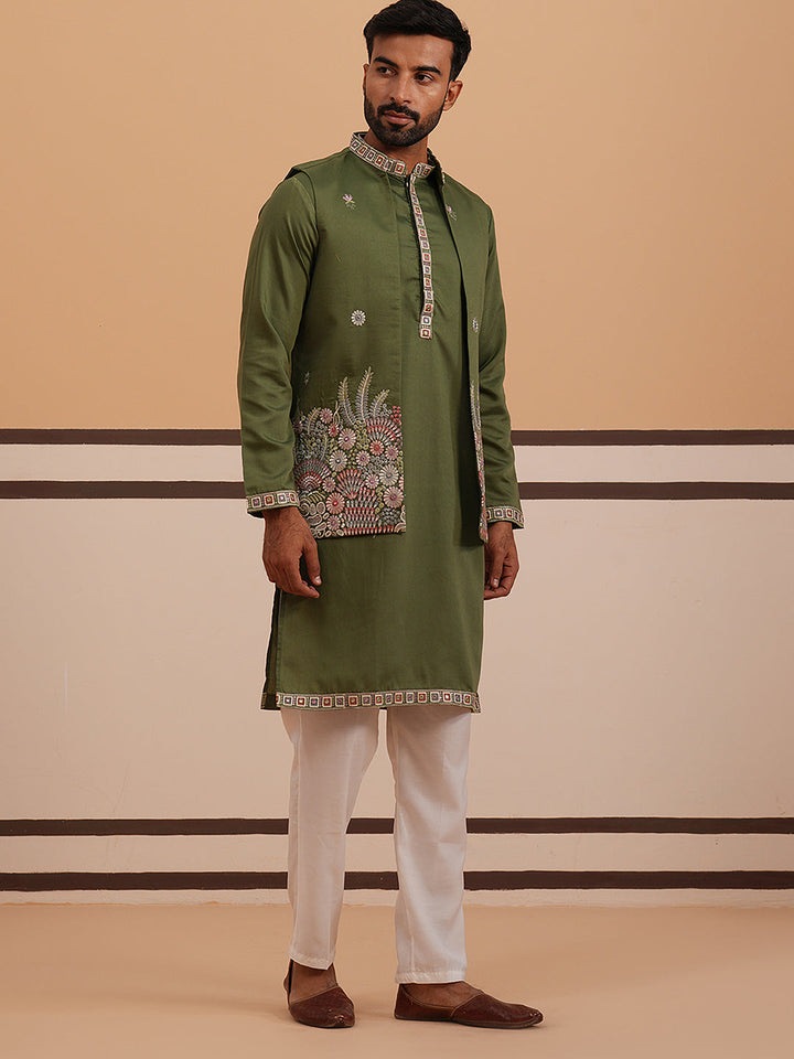 Embroidered Nehru Jacket With Kurta Pyjama Set